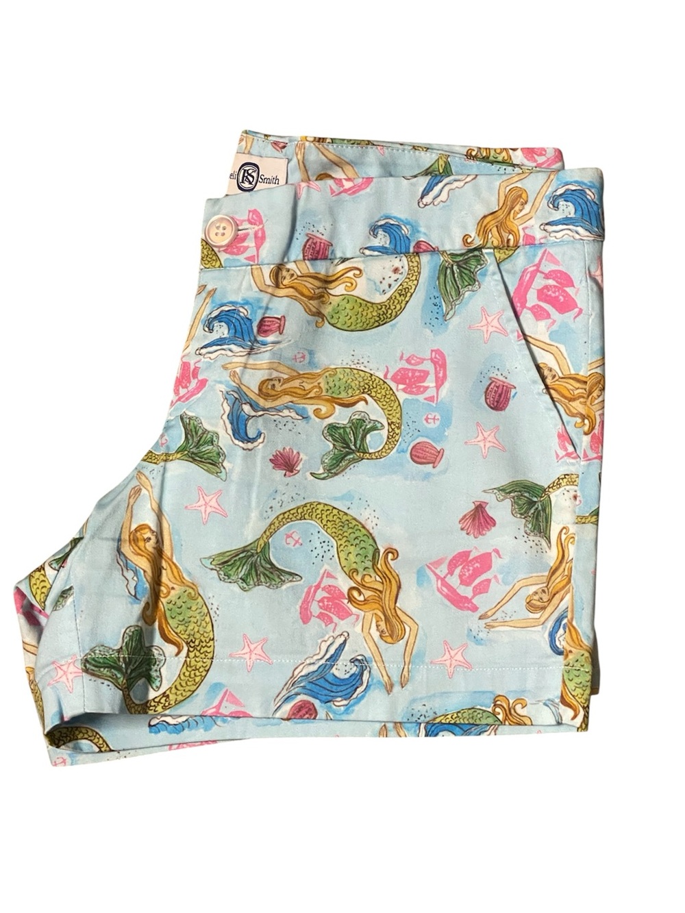Kaeli Smith Light Blue Chino Shorts in Blue Green with Mermaids Seashells Ships